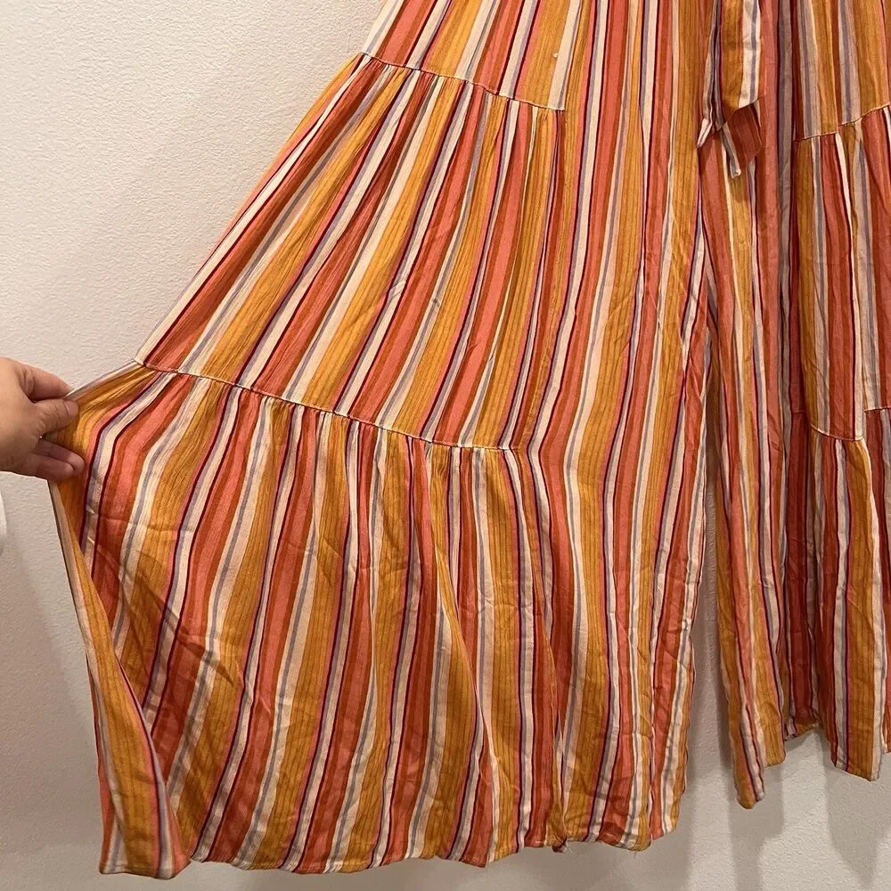 Angie Women’s Wide Leg Pants Orange Stripe Sz S Waist Tie Boho Festival Prairie - Picture 4 of 9